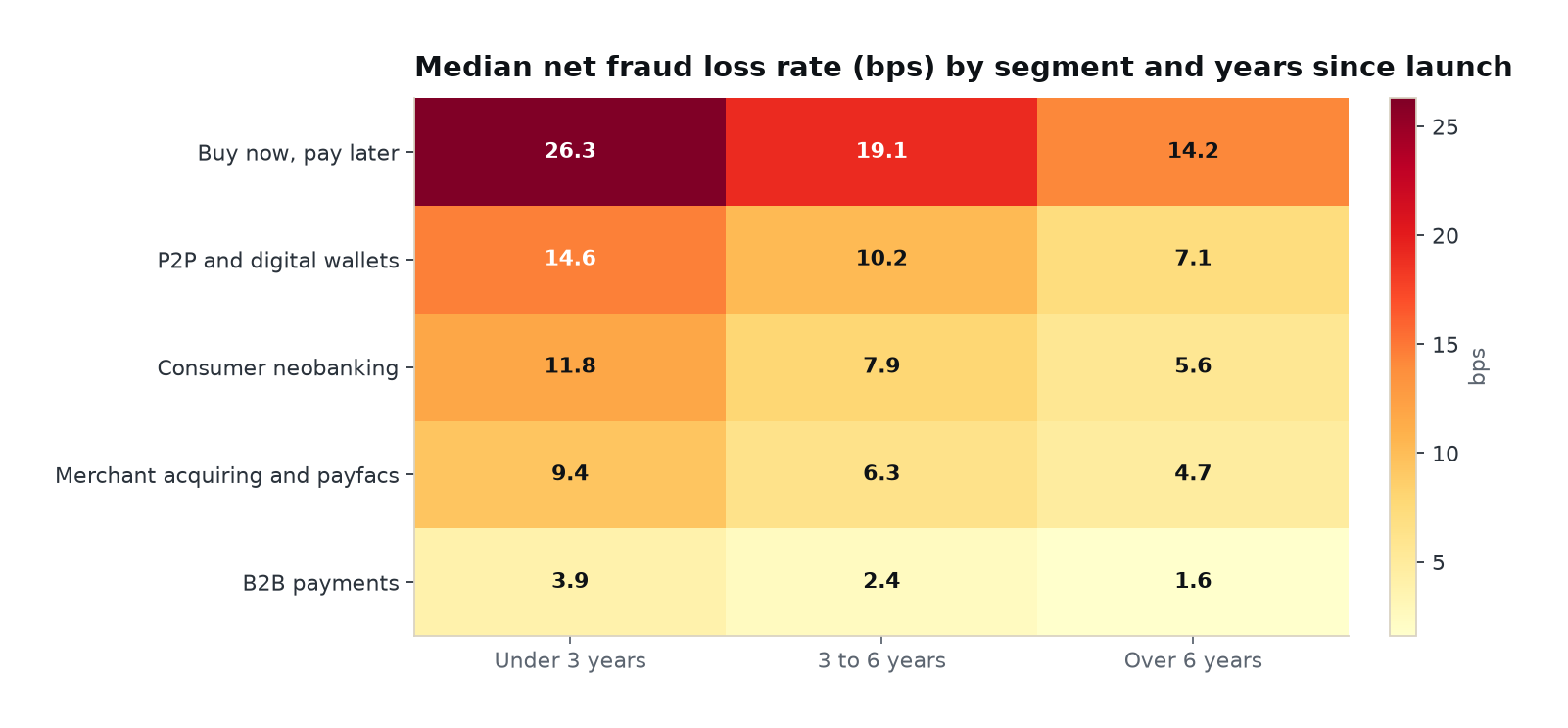 Heatmap of median net fraud loss rate by segment and company age